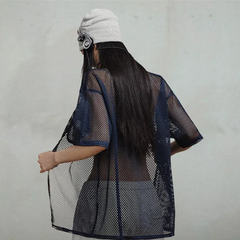 Women's Hollow Out Mesh Shirt – Loose Short Sleeve Summer Blouse & Lightweight Cardigan